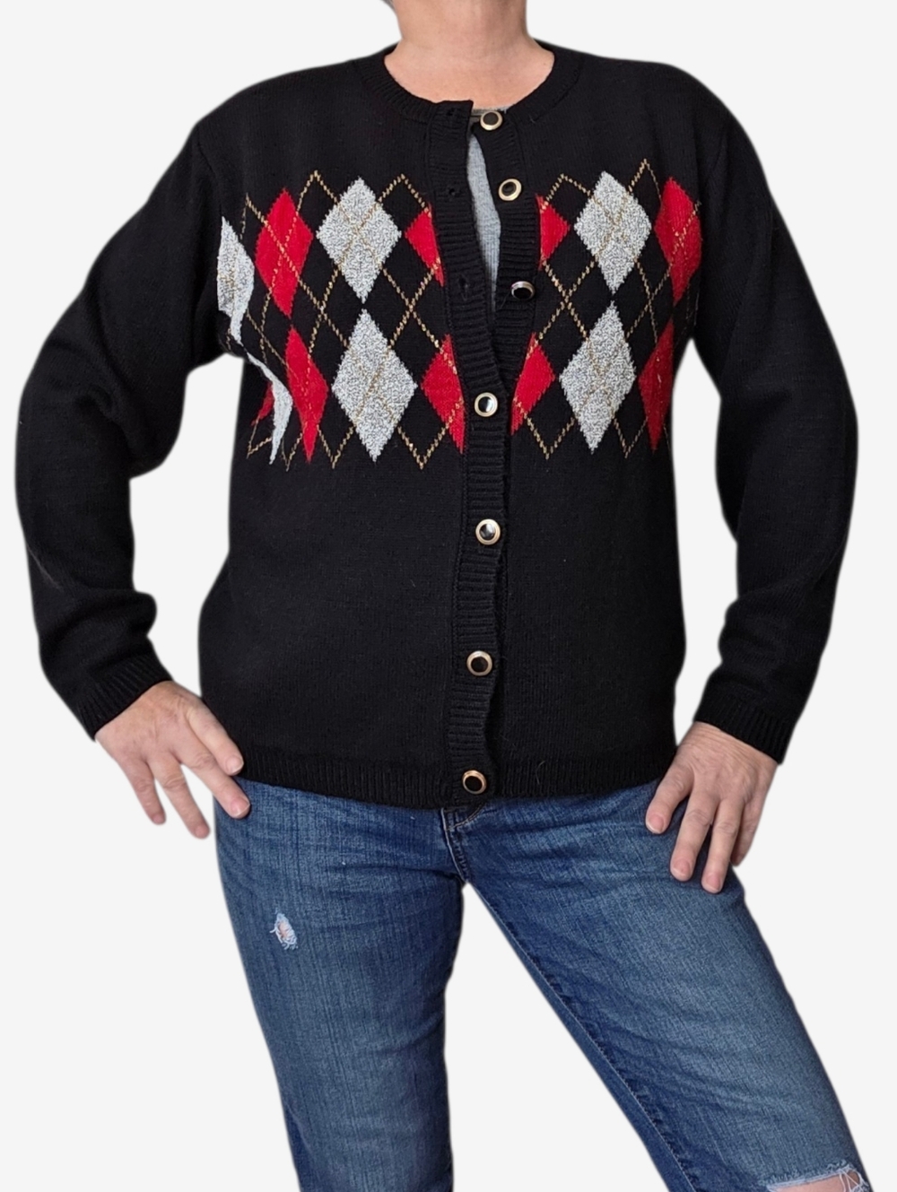 Alfred Dunner Black, Red & Gray Argyle Button Down Cardigan Size Large